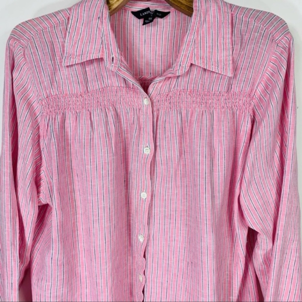 LAND’S END women’s 1x striped long sleeve linen blouse smocking pink blue